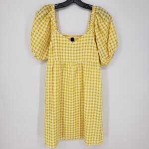 3/$25 Old Navy Gingham Plaid Mini Babydoll Dress XS Short Puff‎ Sleeves  Yellow